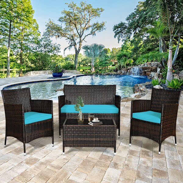 Winston Porter 4pcs Patio Rattan Conversation Furniture Set Outdoor W/ Turquoise Cushion